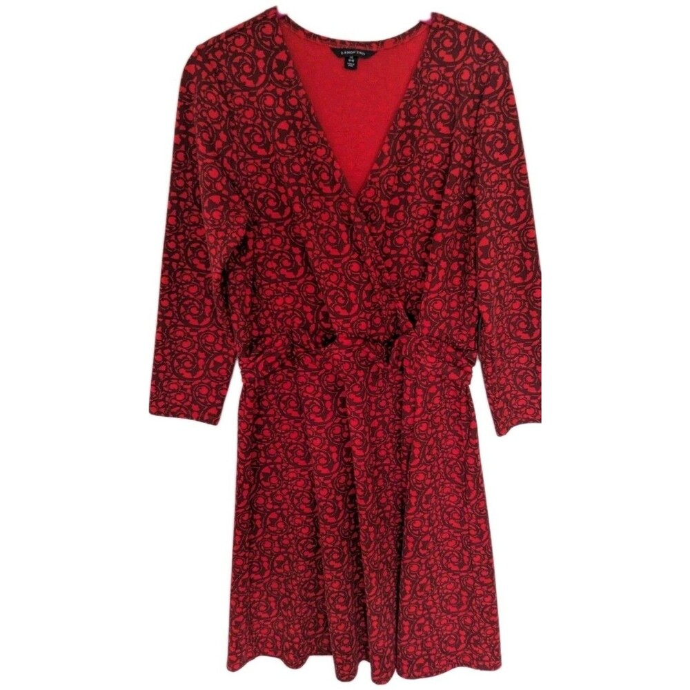 Lands' End Red Burgundy Faux Wrap V Neck 3/4 Sleeve Dress Women’s Size 10-12 L